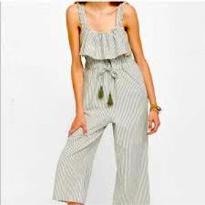 Zara Basic Grey &White Stripe Cotton Jumpsuit with Drawstring Waist Size Medium